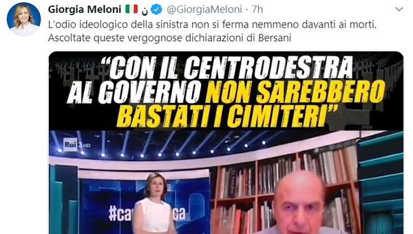 La Meloni accusa Bersani e «l’odio ideologico di sinistra»