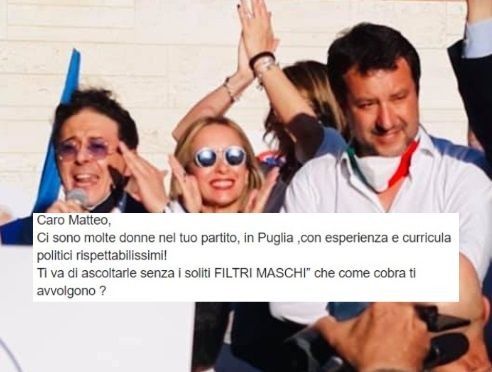 La leghista pugliese chiede a Salvini di ascoltare le colleghe «senza i soliti filtri maschi che come cobra ti avvolgono»