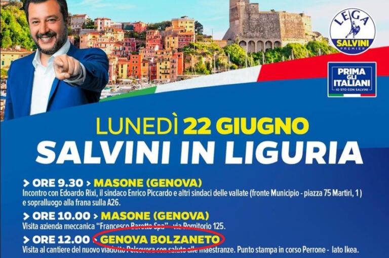 Salvini in visita a Genova sbaglia l’indirizzo dell’ex Ponte Morandi