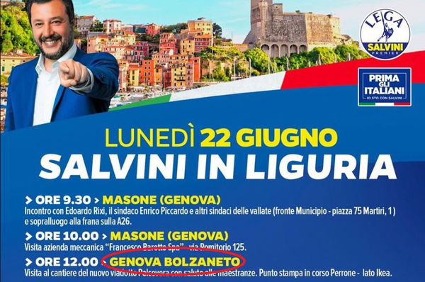 Salvini in visita a Genova sbaglia l’indirizzo dell’ex Ponte Morandi