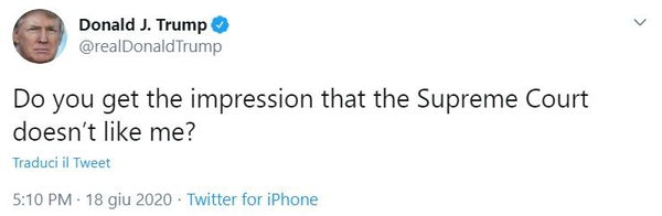 Il tweet di Trump che ironizza sul no della Corte suprema alla revoca della protezione per i Dreamer