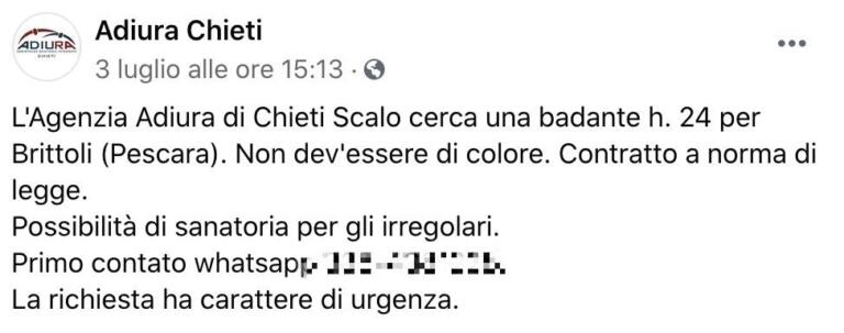 L’agenzia che propone un lavoro da badante (ma non devi essere ‘di colore’)