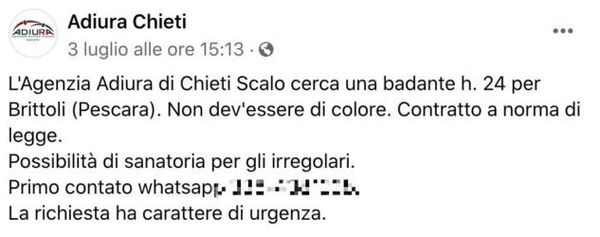 L’agenzia che propone un lavoro da badante (ma non devi essere ‘di colore’)
