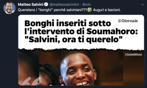 Salvini risponde alla denuncia di Aboubakar Soumahoro: «Querelano i bonghi perché salviniani?»