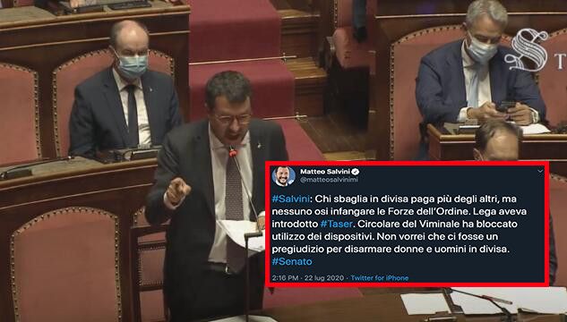 Salvini sui carabinieri di Piacenza dice «chi sbaglia paga», ma poi sposta il discorso sui taser