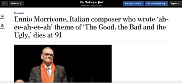 Washington Post su Ennio Morricone
