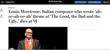 Il Washington Post ricorda Ennio Morricone: «Il compositore italiano che scrisse ‘ah-ee-ah-ee-ah’» article-post