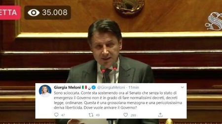 Meloni «scioccata» definisce la proroga dello stato di emergenza «grossolana menzogna e pericolosissima deriva liberticida» article-post
