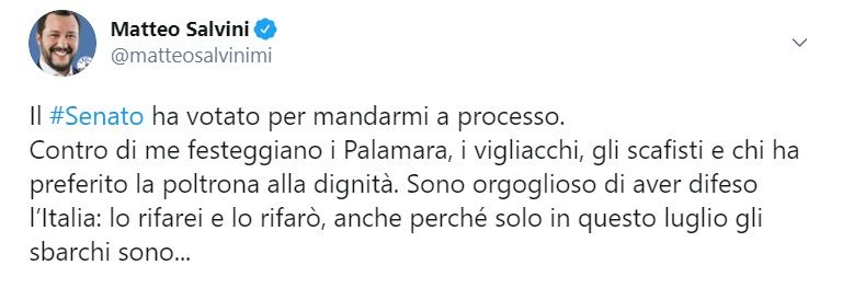 Open Arms, 149 sì e 141 no per il processo a Salvini: «Festeggiano i Palamara, i vigliacchi, gli scafisti» article-post