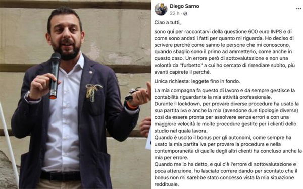 Il consigliere piemontese Diego Sarno (Pd) dà la ‘colpa’ alla fidanzata per il bonus Covid