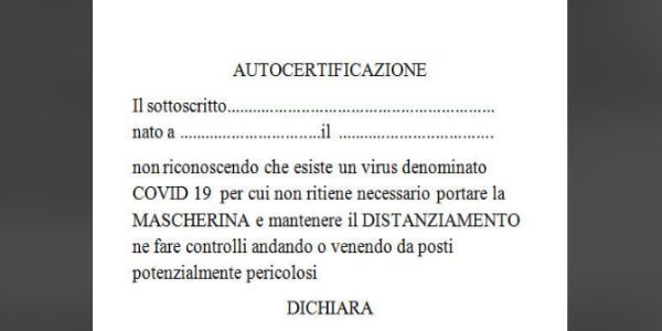 Il finto modulo di autocertificazione per negazionisti Covid