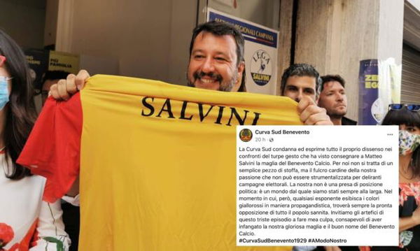 I tifosi del Benevento criticano ‘il turpe gesto’ della consegna della maglia a Salvini