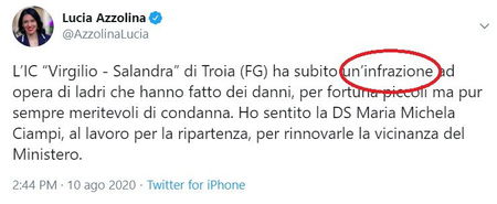 La ministra Azzolina e l’«infrazione ad opera di ladri» in una scuola pugliese article-post