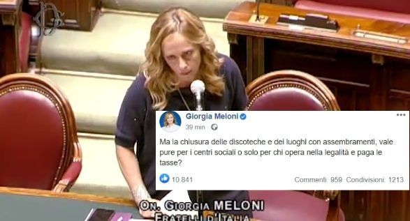 Giorgia Meloni sulla chiusura delle discoteche: «E allora i centri sociali?»