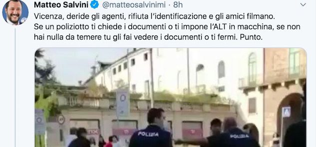Salvini sul ragazzo di Vicenza bloccato al collo da un poliziotto: «Altro che razzismo, si tratta di regole» Salvini sul ragazzo di Vicenza bloccato al collo da un poliziotto: «Altro che razzismo, si tratta di regole»