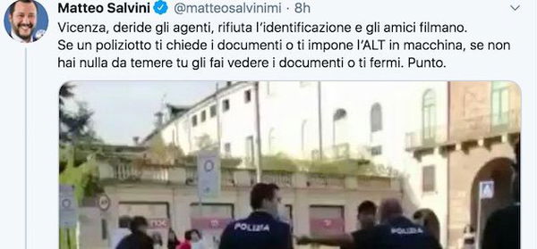 Salvini sul ragazzo di Vicenza bloccato al collo da un poliziotto: «Altro che razzismo, si tratta di regole»
