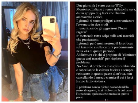 La radicale svolta Antifa di Chiara Ferragni che parla esplicitamente di «4 fasci che hanno ammazzato Willy a calci» article-post