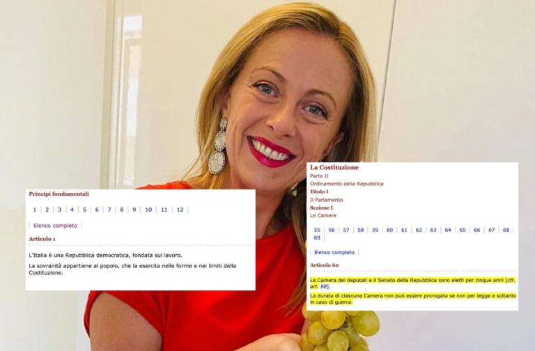 Giorgia Meloni continua a citare (parzialmente) l’articolo 1 della Costituzione, dimenticando l’articolo 60