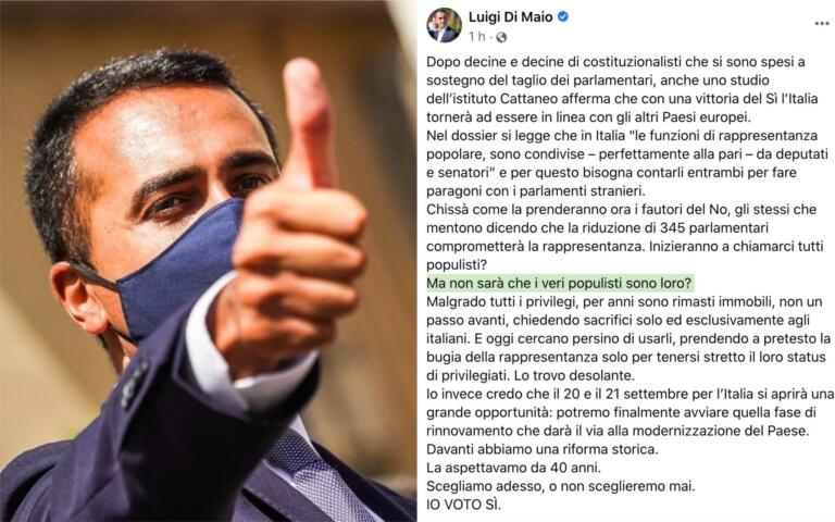 Di Maio mischia le carte: «I veri populisti sono quelli che non vogliono il taglio dei parlamentari»