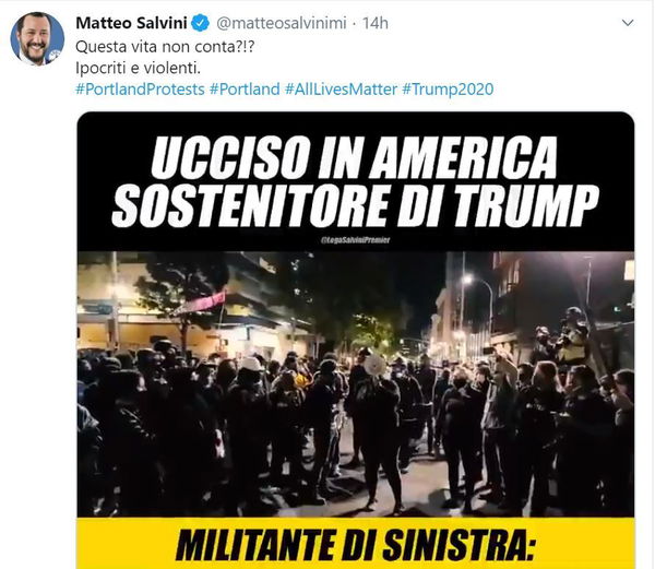 Salvini sulle proteste negli Usa: “Il sostenitore di Trump ucciso non conta?”