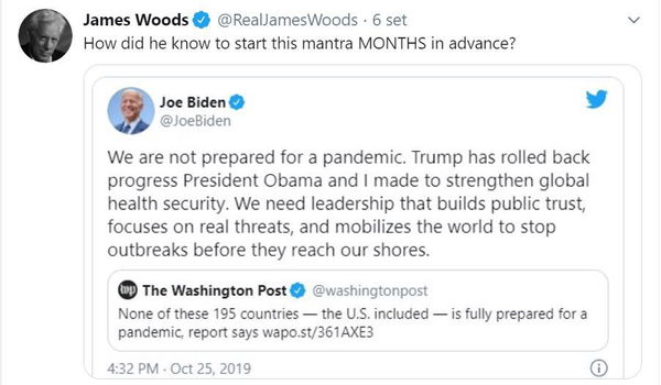 Complotto Covid, anche James Woods rilancia le tesi cospirazioniste