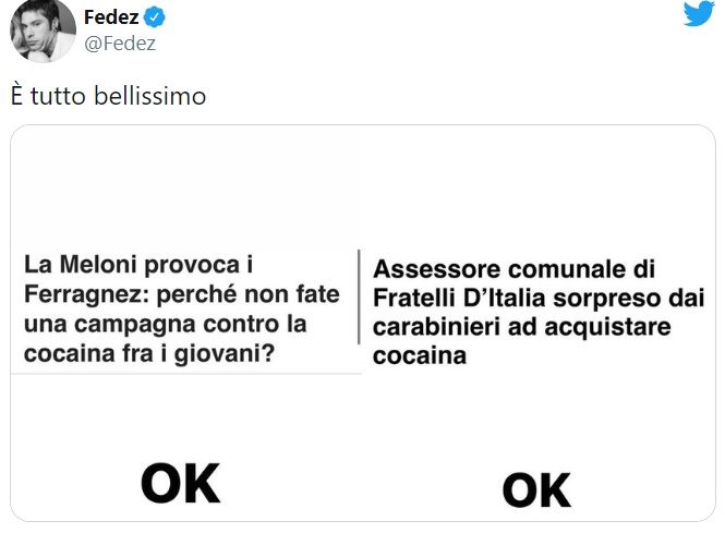 Meloni provoca Fedez su cocaina e cultura, lui invita i parlamentari a fare i test antidroga
