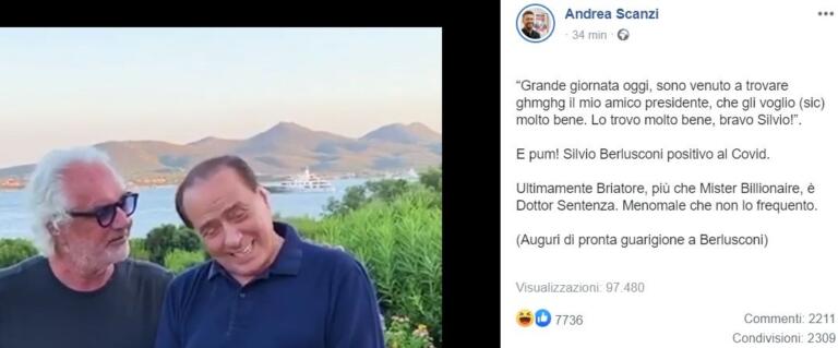 L’ironia di Scanzi (con augurio di pronta guarigione) su Briatore e Berlusconi positivo al Covid