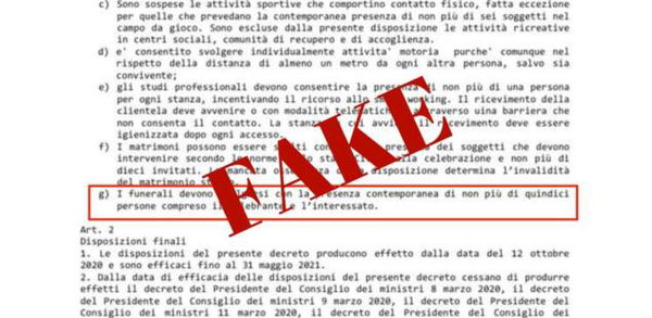 La bufala del dpcm che prevede la partecipazione di 15 persone ai funerali, compreso il morto