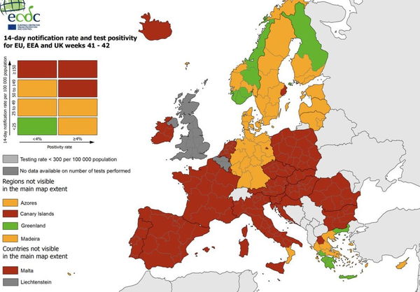 Tutta l’Italia, tranne la Calabria, è zona rossa secondo il centro europeo per il controllo delle malattie