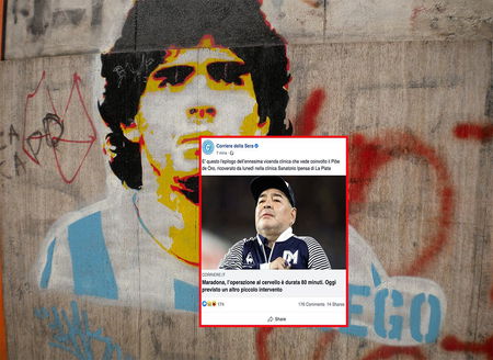 Il Corriere pubblica su Facebook la notizia dell’operazione di Maradona, dopo la sua morte article-post