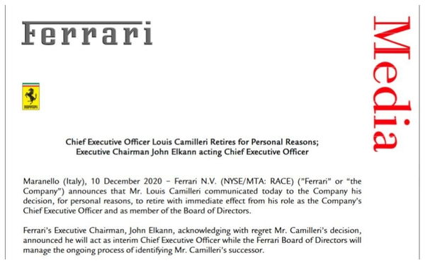 Terremoto in casa Ferrari, lascia l’ad Camilleri e i social si scatenano