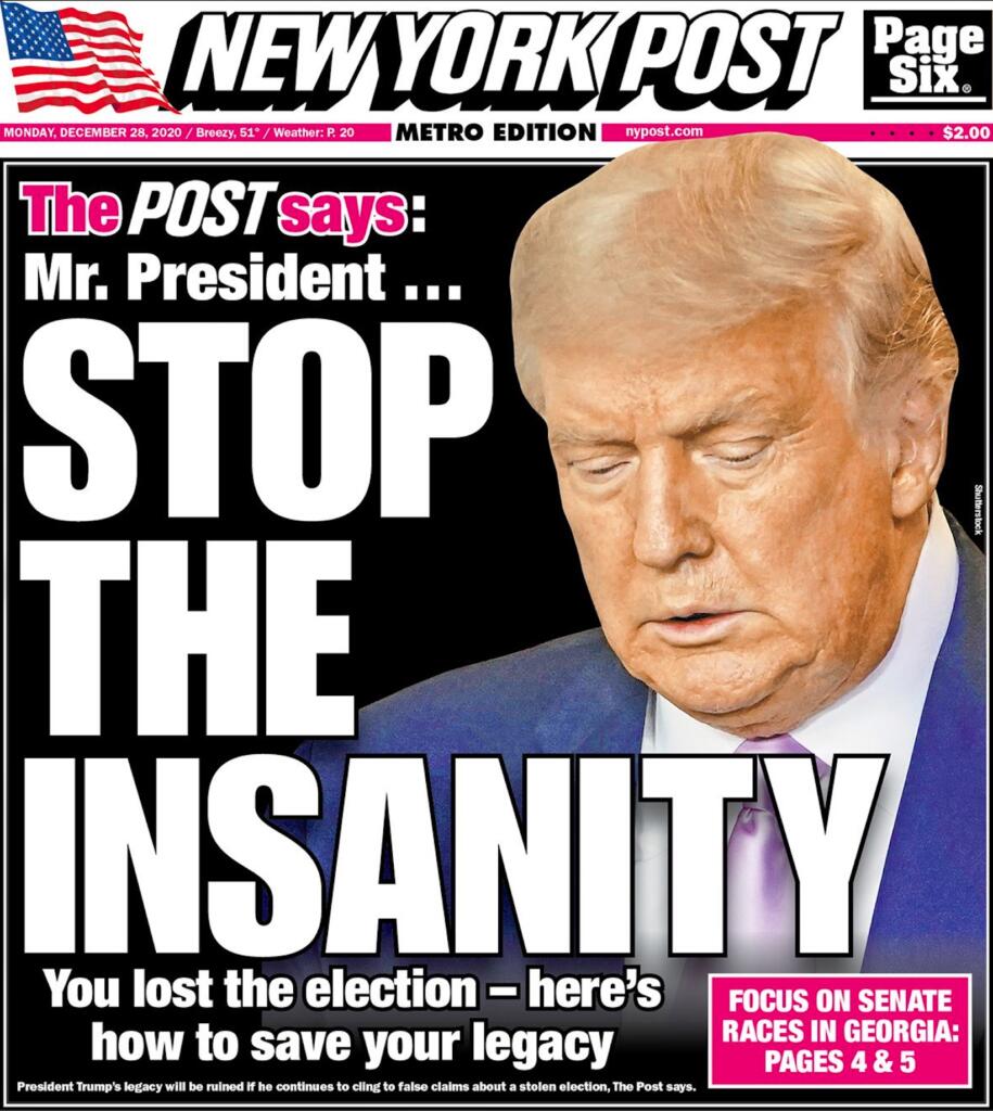 Prima pagina New York Post 28 dicembre 2020