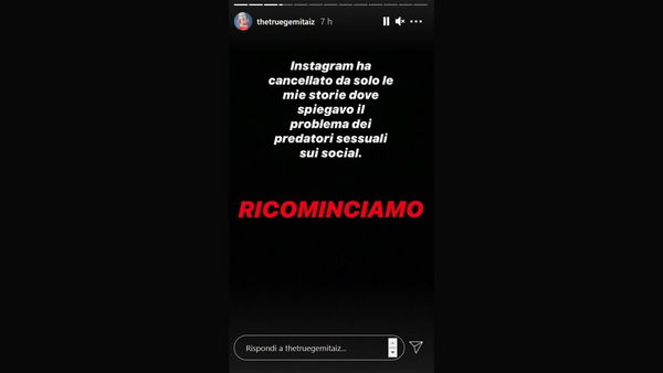 Gemitaiz e Instagram che «ha cancellato da solo le mie storie in merito ai predatori sessuali sui social»