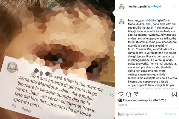 Che problemi hanno quelli che scrivono al figlio di Heather Parisi «cerca le foto del loro flirt»?