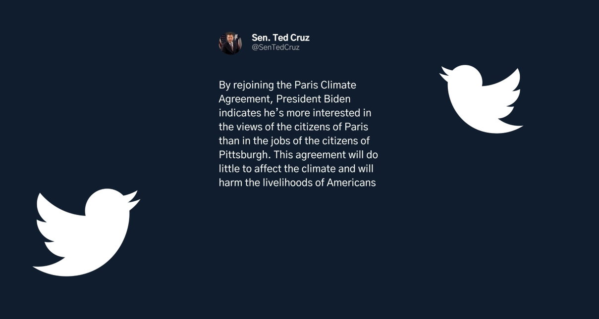 Il tweet di Ted Cruz sul ripristino degli accordi sul clima: «Biden preferisce Parigi a Pittsburgh» article-post