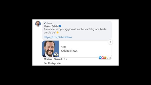 Matteo Salvini pubblicizza il suo gruppo Telgram tra i commenti su Facebook