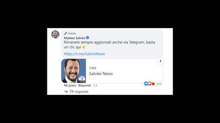 Matteo Salvini pubblicizza il suo gruppo Telgram tra i commenti su Facebook article-post