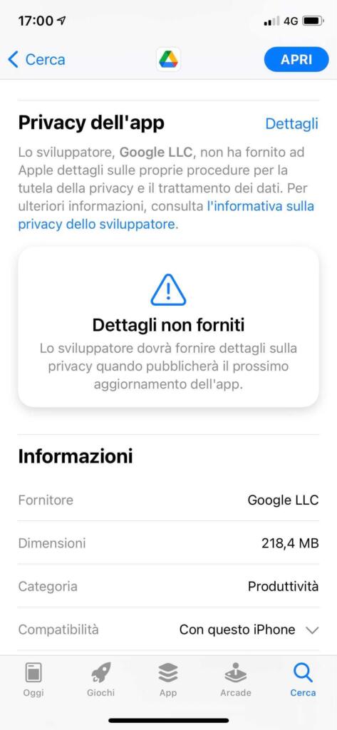 aggiornamento app Google