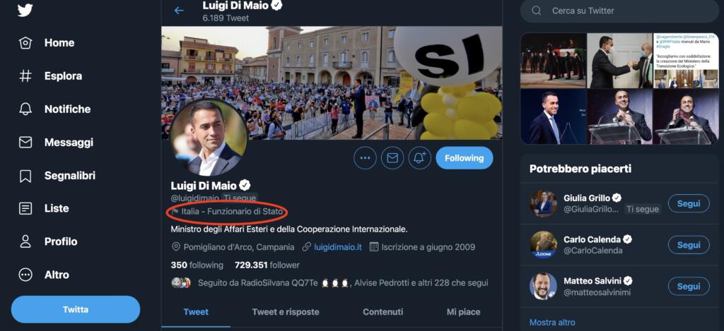 Etichetta Funzionario di Stato su Twitter