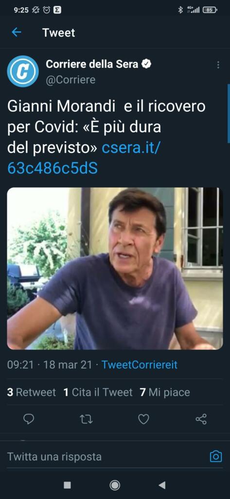 Gianni Morandi ricoverato per Covid, tweet Corriere della Sera