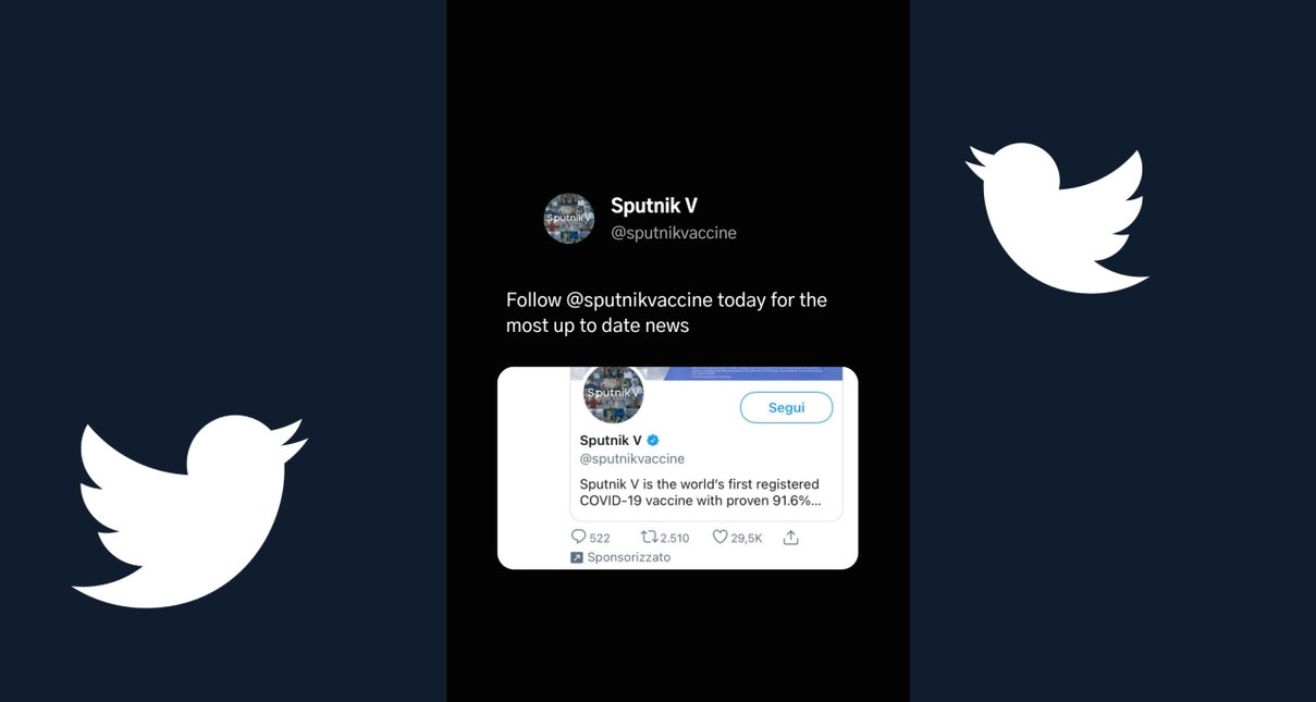 Il vaccino Sputnik ti chiede di seguirlo su Twitter. E sponsorizza il post article-post