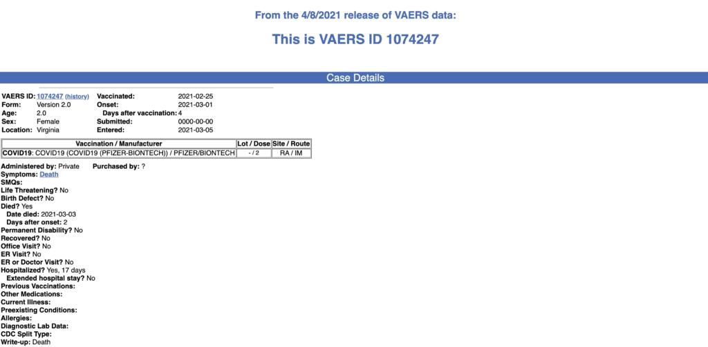 Bambina morta dopo vaccino Pfizer, VAERS