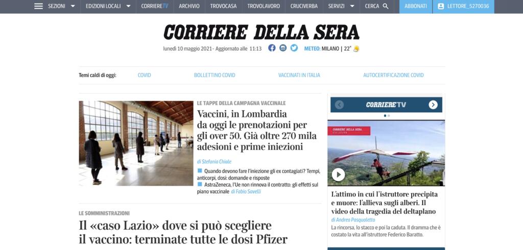 Incidente deltaplano, homepage Corriere ore 12 del 10 maggio 2021