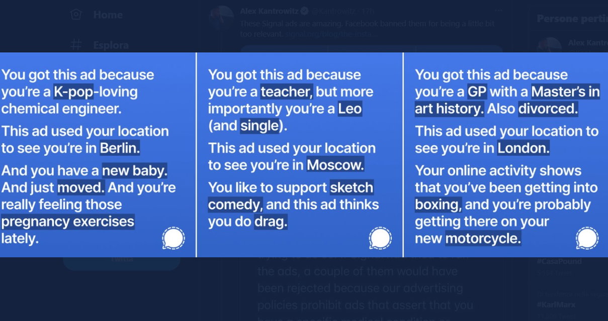 La pubblicità di Signal che non piace a Facebook perché svela come utilizza i dati utenti raccolti article-post