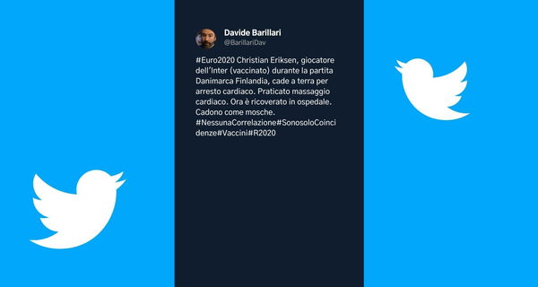 Twitter non ha ancora rimosso la bufala di Barillari su Eriksen vaccinato