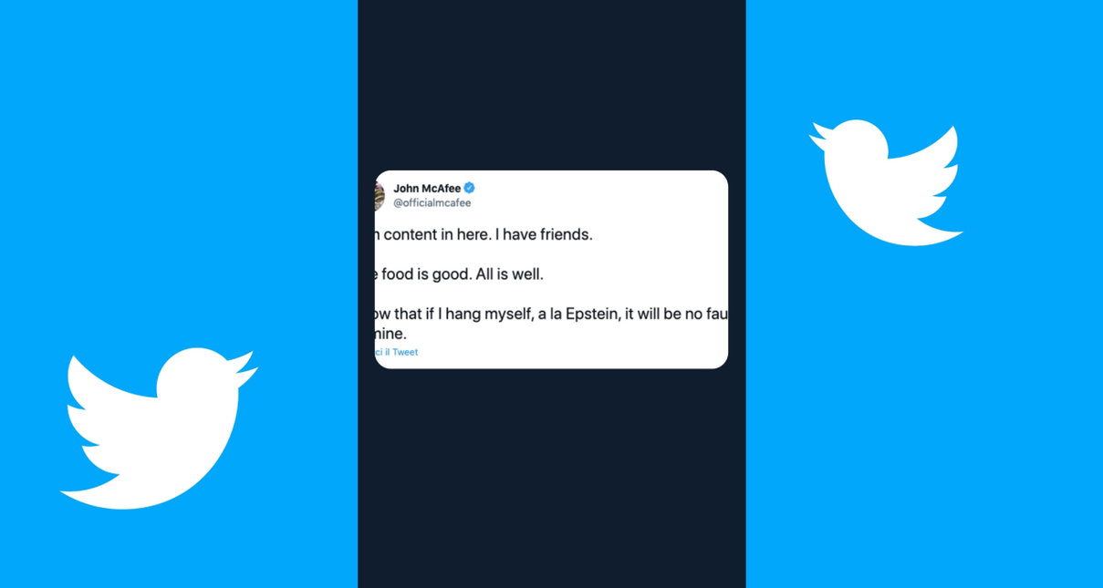 Hanno tirato fuori il vecchio tweet con cui McAfee aveva detto: «Se mi impicco non sono stato io» article-post