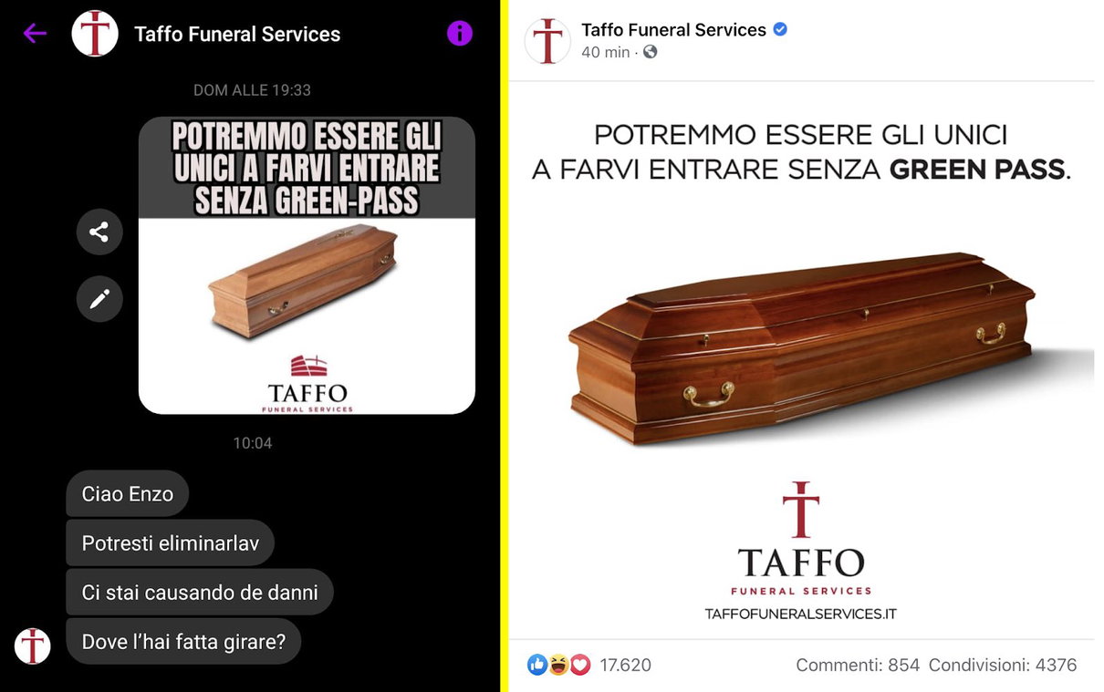 La vera storia del meme virale di Taffo che dice: «Potremmo essere gli unici a farvi entrare senza green pass» article-post