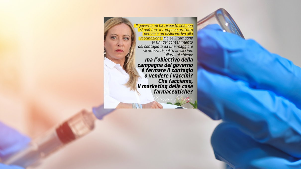Dal complotto sui vaccini a quello sui tamponi: la card social (tutta sbagliata) di Giorgia Meloni article-post