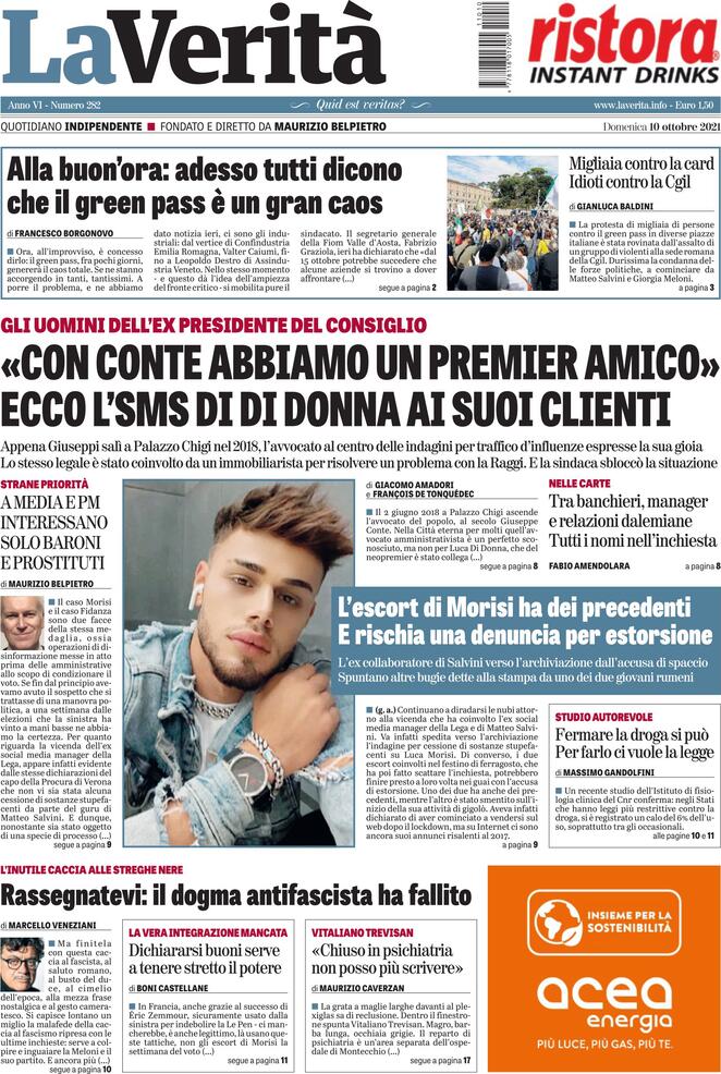 Assalto alla CGIL, La Verità prima pagina 10 ottobre