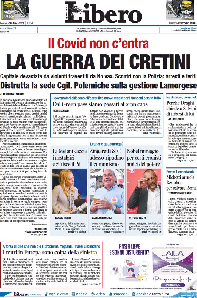 Assalto alla CGIL, Libero quotidiano prima pagina 10 ottobre
